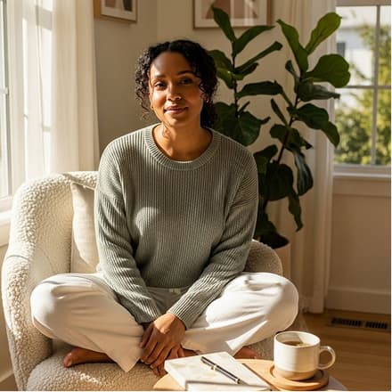 A client sitting quietly in a sunlit consulting room